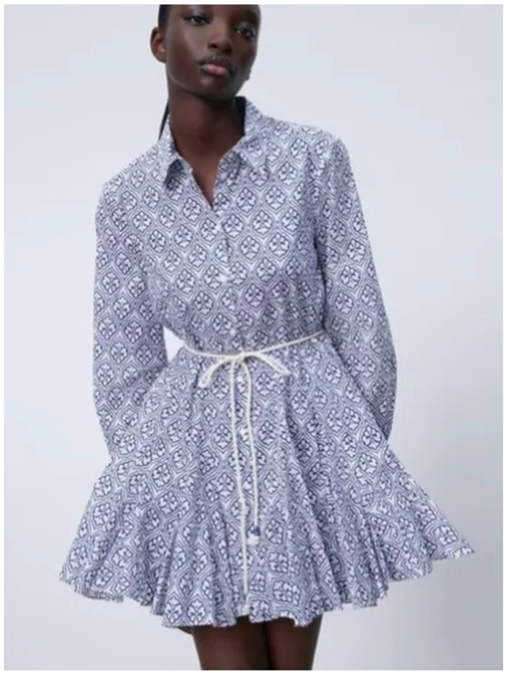 Zara Blue and White Mini Shirt Dress with Tie Waist